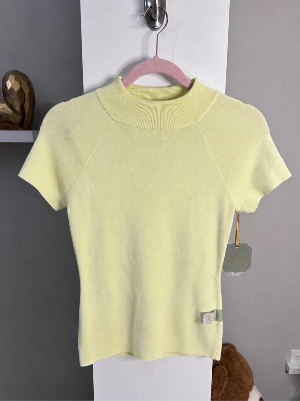 Ryegrass Lemon Yellow Mock Neck Knit Top Short Sleeve Fitted Y2K - Picture 3 of 7